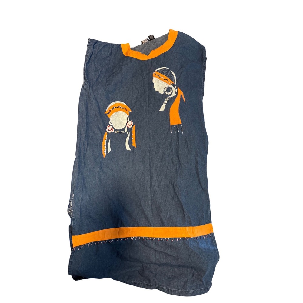 First Vision by Shirin Denim Graphic Shift Dress Plus Free Blue Orange Beaded